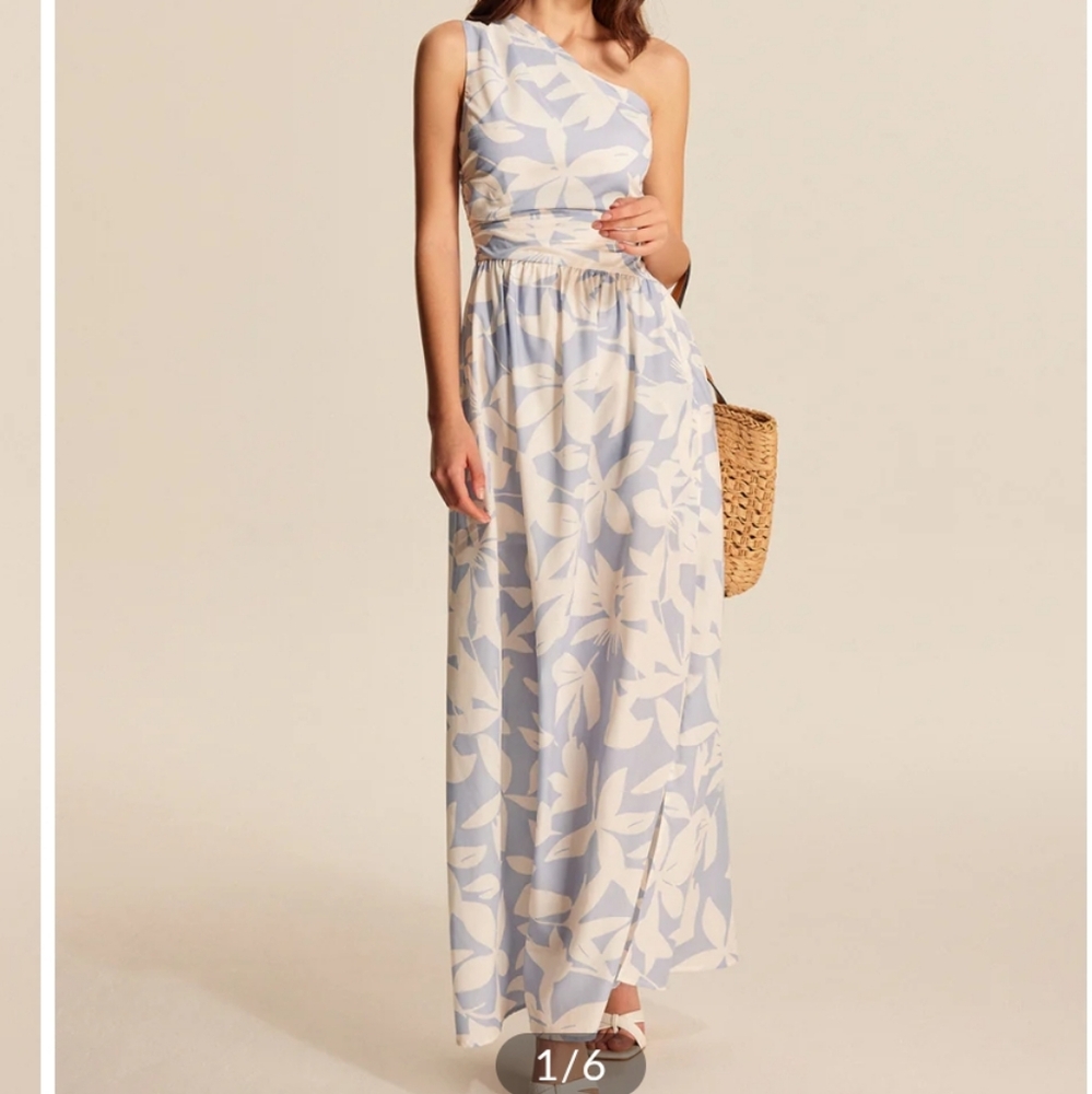 Elegant Blue and White One-Shoulder Dress